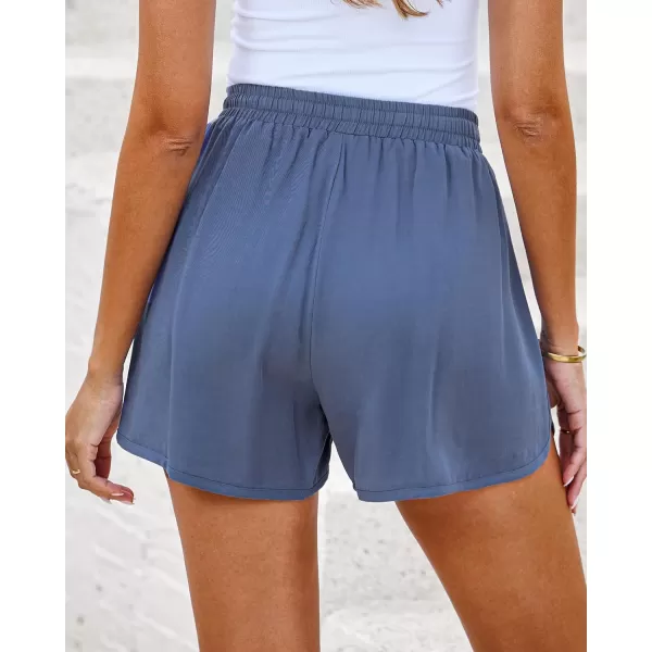luvamia Summer Shorts for Women Trendy High Waisted Casual Pull On Elastic Waist Drawstring Shorts with Pockets BeachBlue Gray
