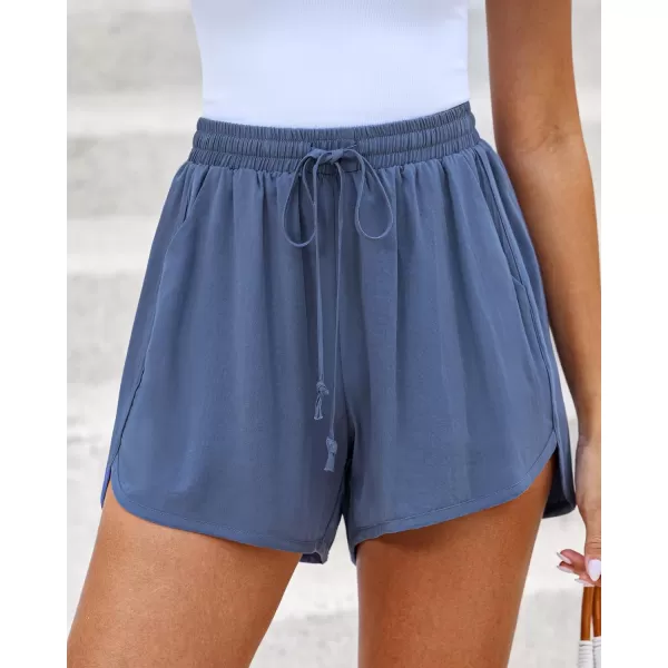 luvamia Summer Shorts for Women Trendy High Waisted Casual Pull On Elastic Waist Drawstring Shorts with Pockets BeachBlue Gray