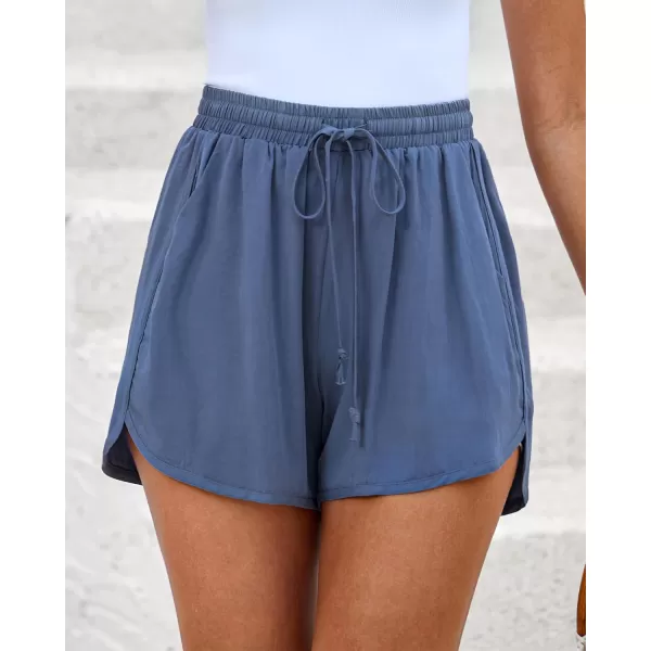 luvamia Summer Shorts for Women Trendy High Waisted Casual Pull On Elastic Waist Drawstring Shorts with Pockets BeachBlue Gray