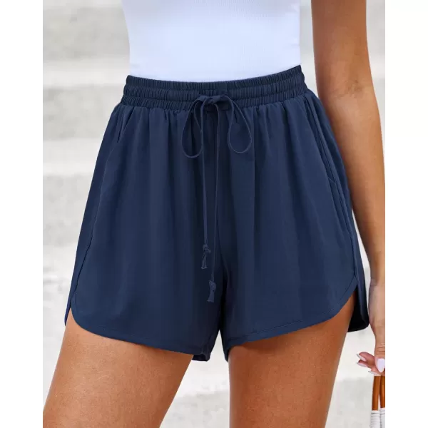 luvamia Summer Shorts for Women Trendy High Waisted Casual Pull On Elastic Waist Drawstring Shorts with Pockets BeachNavy Blue