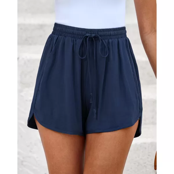luvamia Summer Shorts for Women Trendy High Waisted Casual Pull On Elastic Waist Drawstring Shorts with Pockets BeachNavy Blue