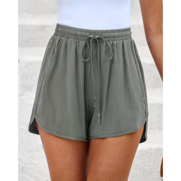 luvamia Summer Shorts for Women Trendy High Waisted Casual Pull On Elastic Waist Drawstring Shorts with Pockets BeachOlive Green