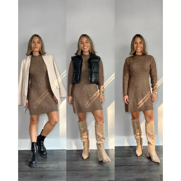 luvamia Sweater Dress for Women Cable Knit Ribbed ALine Short Fitted Pullover Sweaters Dresses Fall WinterBrown