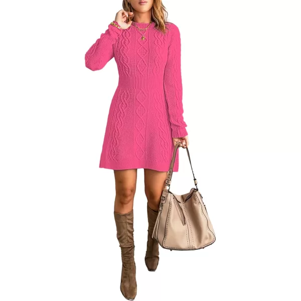 luvamia Sweater Dress for Women Cable Knit Ribbed ALine Short Fitted Pullover Sweaters Dresses Fall WinterHot Pink