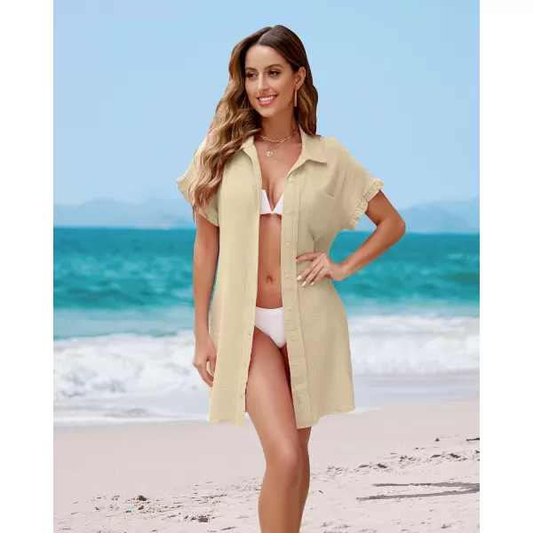 luvamia Womens Beach Cover Up Dress Cotton Button Down Shirt Dresses Casual Ruffle Sleeves Summer Dresses with PocketsBeige