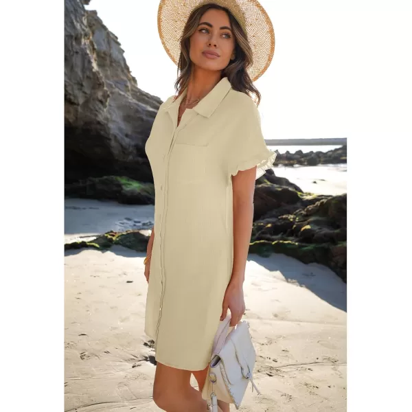 luvamia Womens Beach Cover Up Dress Cotton Button Down Shirt Dresses Casual Ruffle Sleeves Summer Dresses with PocketsBeige