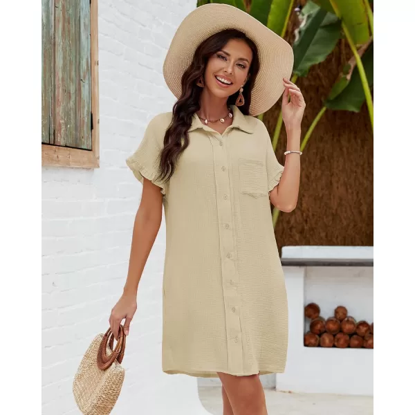 luvamia Womens Beach Cover Up Dress Cotton Button Down Shirt Dresses Casual Ruffle Sleeves Summer Dresses with PocketsBeige