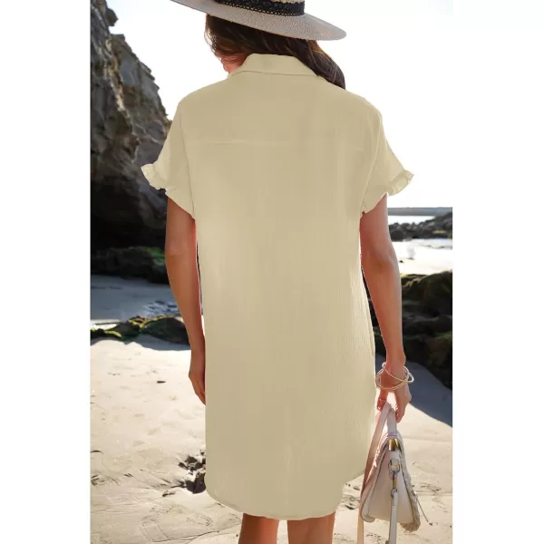 luvamia Womens Beach Cover Up Dress Cotton Button Down Shirt Dresses Casual Ruffle Sleeves Summer Dresses with PocketsBeige