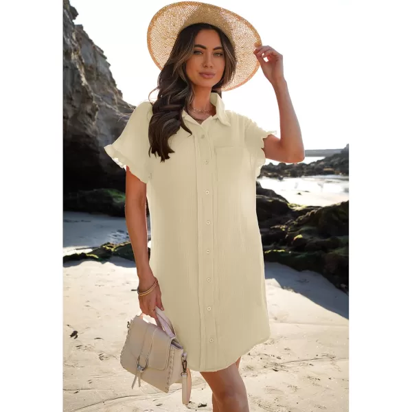 luvamia Womens Beach Cover Up Dress Cotton Button Down Shirt Dresses Casual Ruffle Sleeves Summer Dresses with PocketsBeige