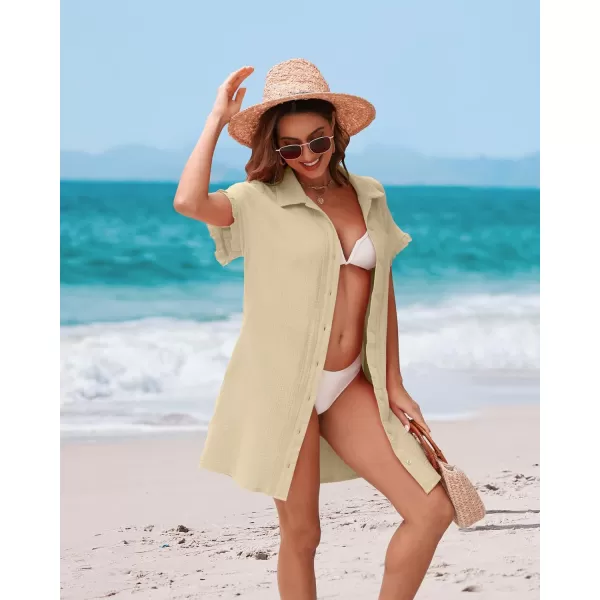 luvamia Womens Beach Cover Up Dress Cotton Button Down Shirt Dresses Casual Ruffle Sleeves Summer Dresses with PocketsBeige