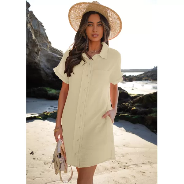 luvamia Womens Beach Cover Up Dress Cotton Button Down Shirt Dresses Casual Ruffle Sleeves Summer Dresses with PocketsBeige