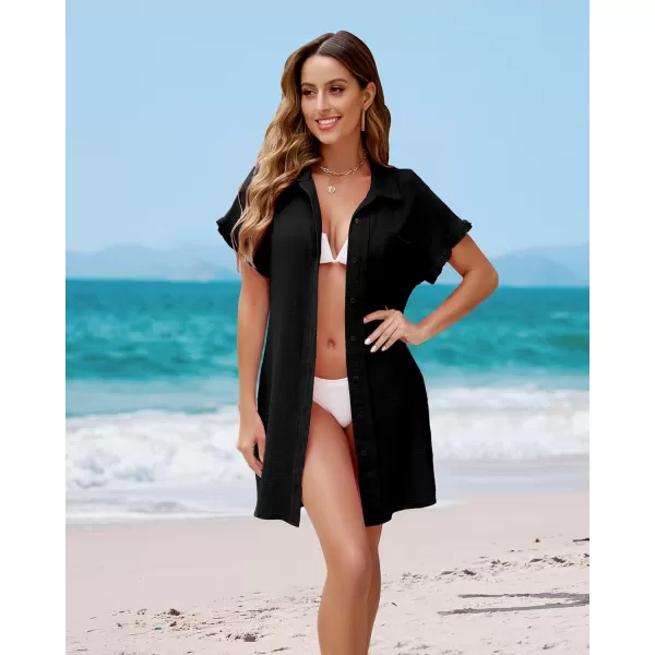 luvamia Womens Beach Cover Up Dress Cotton Button Down Shirt Dresses Casual Ruffle Sleeves Summer Dresses with PocketsBlack