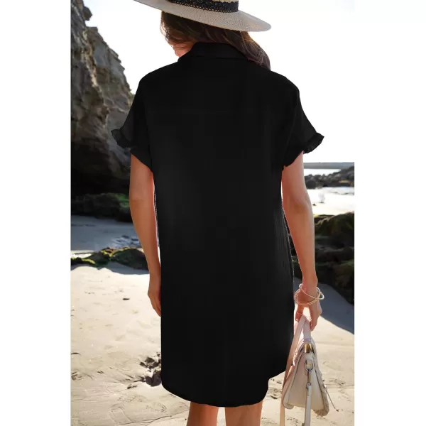luvamia Womens Beach Cover Up Dress Cotton Button Down Shirt Dresses Casual Ruffle Sleeves Summer Dresses with PocketsBlack