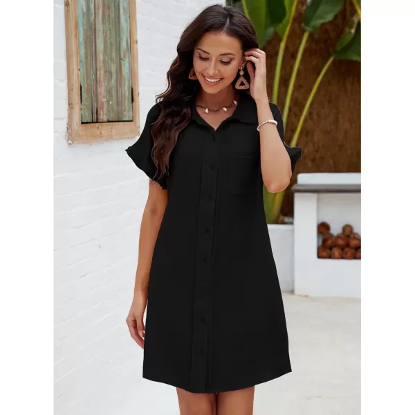 luvamia Womens Beach Cover Up Dress Cotton Button Down Shirt Dresses Casual Ruffle Sleeves Summer Dresses with PocketsBlack