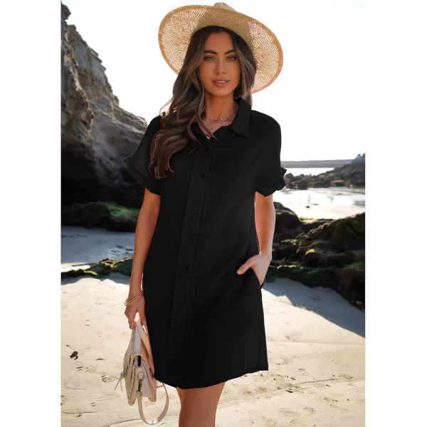 luvamia Womens Beach Cover Up Dress Cotton Button Down Shirt Dresses Casual Ruffle Sleeves Summer Dresses with PocketsBlack