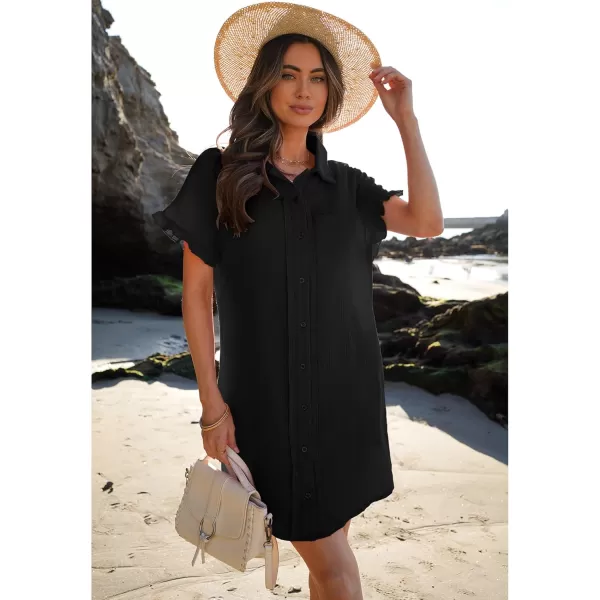 luvamia Womens Beach Cover Up Dress Cotton Button Down Shirt Dresses Casual Ruffle Sleeves Summer Dresses with PocketsBlack