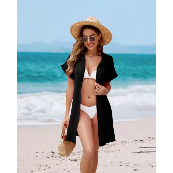 luvamia Womens Beach Cover Up Dress Cotton Button Down Shirt Dresses Casual Ruffle Sleeves Summer Dresses with PocketsBlack
