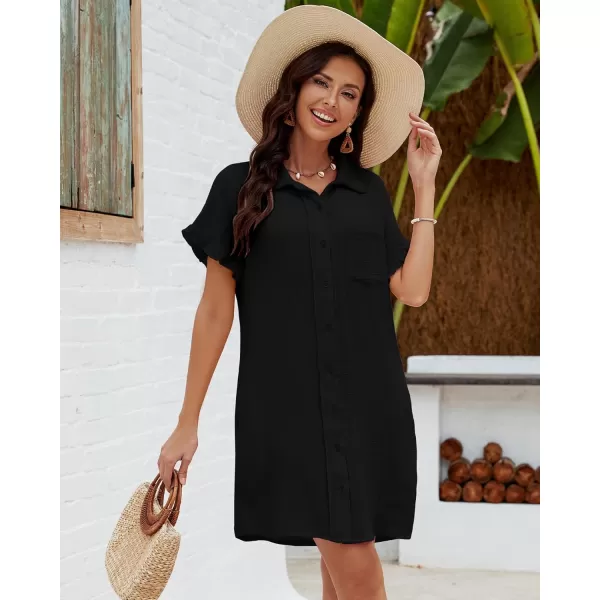 luvamia Womens Beach Cover Up Dress Cotton Button Down Shirt Dresses Casual Ruffle Sleeves Summer Dresses with PocketsBlack