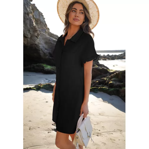 luvamia Womens Beach Cover Up Dress Cotton Button Down Shirt Dresses Casual Ruffle Sleeves Summer Dresses with PocketsBlack