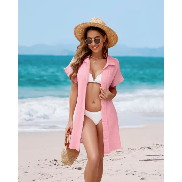 luvamia Womens Beach Cover Up Dress Cotton Button Down Shirt Dresses Casual Ruffle Sleeves Summer Dresses with PocketsCandy Pink