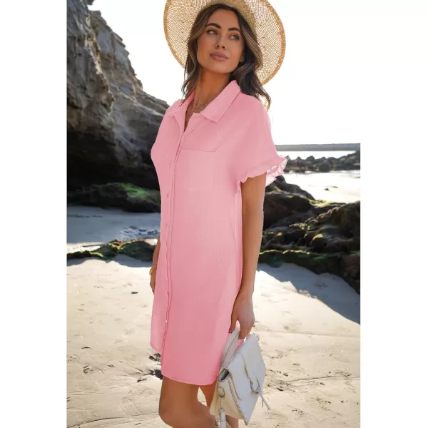 luvamia Womens Beach Cover Up Dress Cotton Button Down Shirt Dresses Casual Ruffle Sleeves Summer Dresses with PocketsCandy Pink