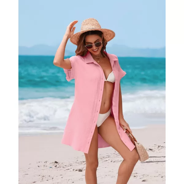 luvamia Womens Beach Cover Up Dress Cotton Button Down Shirt Dresses Casual Ruffle Sleeves Summer Dresses with PocketsCandy Pink