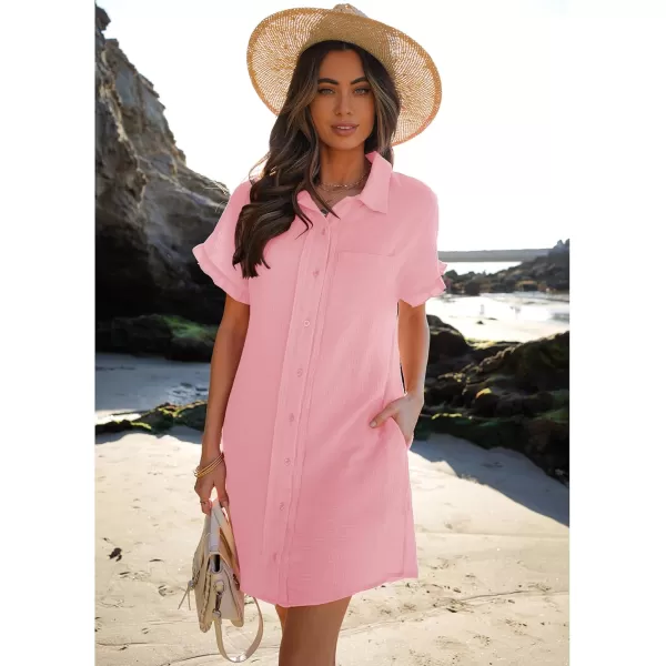luvamia Womens Beach Cover Up Dress Cotton Button Down Shirt Dresses Casual Ruffle Sleeves Summer Dresses with PocketsCandy Pink
