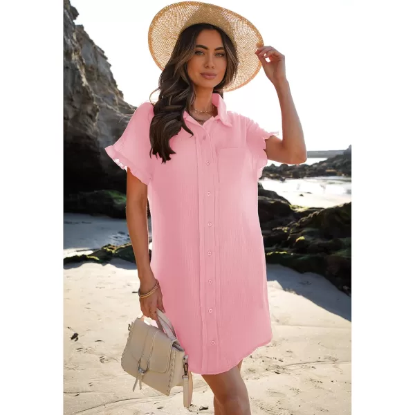 luvamia Womens Beach Cover Up Dress Cotton Button Down Shirt Dresses Casual Ruffle Sleeves Summer Dresses with PocketsCandy Pink