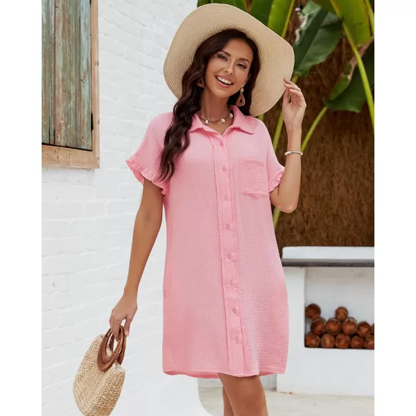 luvamia Womens Beach Cover Up Dress Cotton Button Down Shirt Dresses Casual Ruffle Sleeves Summer Dresses with PocketsCandy Pink