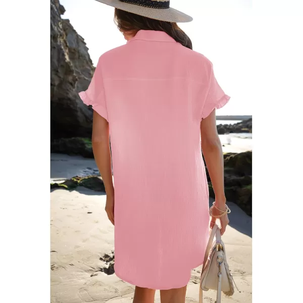 luvamia Womens Beach Cover Up Dress Cotton Button Down Shirt Dresses Casual Ruffle Sleeves Summer Dresses with PocketsCandy Pink