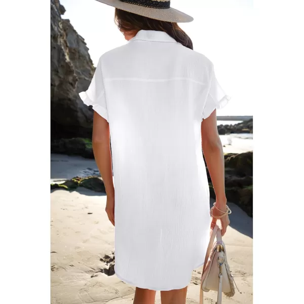 luvamia Womens Beach Cover Up Dress Cotton Button Down Shirt Dresses Casual Ruffle Sleeves Summer Dresses with PocketsCream White