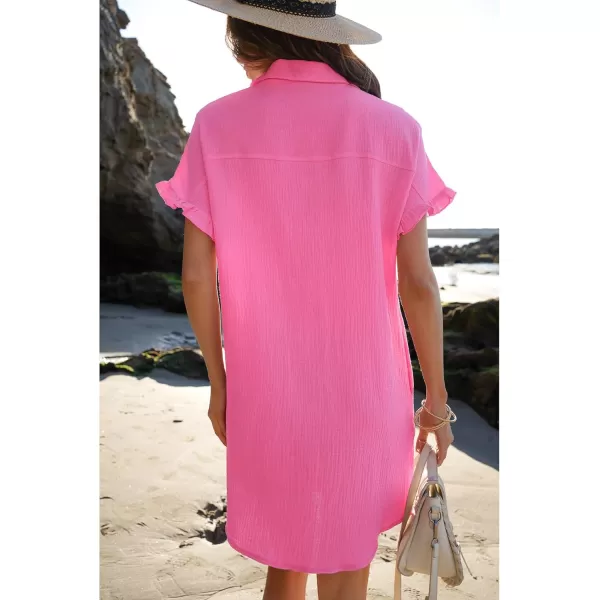 luvamia Womens Beach Cover Up Dress Cotton Button Down Shirt Dresses Casual Ruffle Sleeves Summer Dresses with PocketsHot Pink