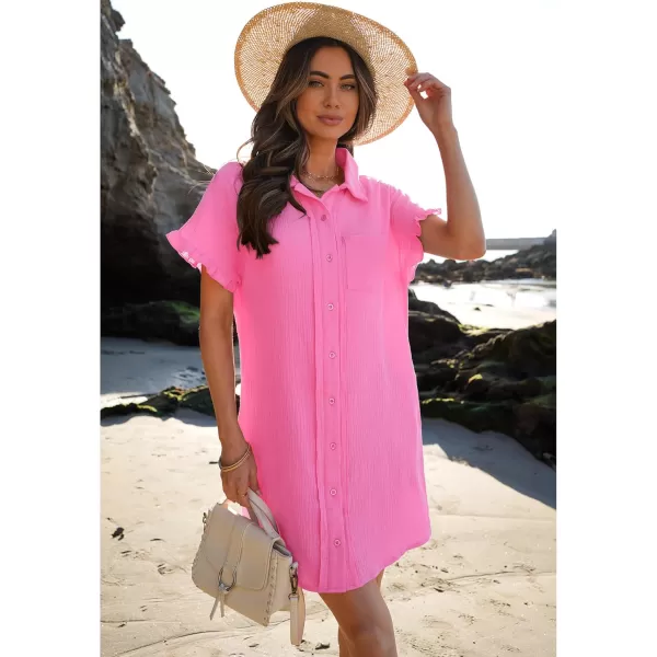 luvamia Womens Beach Cover Up Dress Cotton Button Down Shirt Dresses Casual Ruffle Sleeves Summer Dresses with PocketsHot Pink