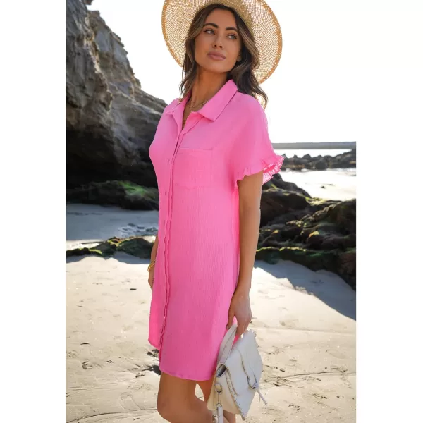 luvamia Womens Beach Cover Up Dress Cotton Button Down Shirt Dresses Casual Ruffle Sleeves Summer Dresses with PocketsHot Pink