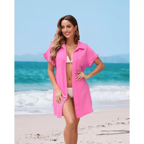 luvamia Womens Beach Cover Up Dress Cotton Button Down Shirt Dresses Casual Ruffle Sleeves Summer Dresses with PocketsHot Pink