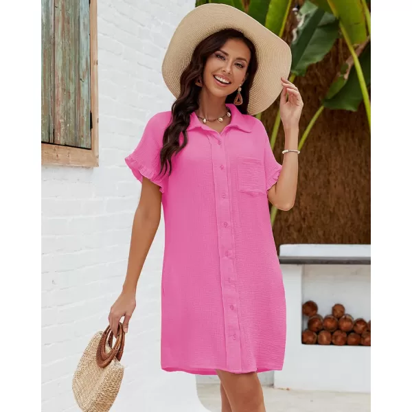luvamia Womens Beach Cover Up Dress Cotton Button Down Shirt Dresses Casual Ruffle Sleeves Summer Dresses with PocketsHot Pink