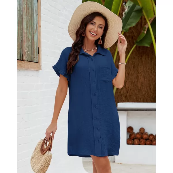 luvamia Womens Beach Cover Up Dress Cotton Button Down Shirt Dresses Casual Ruffle Sleeves Summer Dresses with PocketsNavy Blue