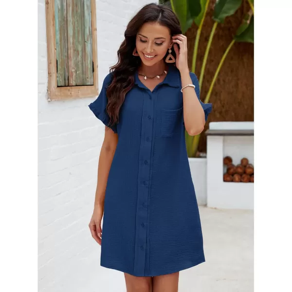 luvamia Womens Beach Cover Up Dress Cotton Button Down Shirt Dresses Casual Ruffle Sleeves Summer Dresses with PocketsNavy Blue