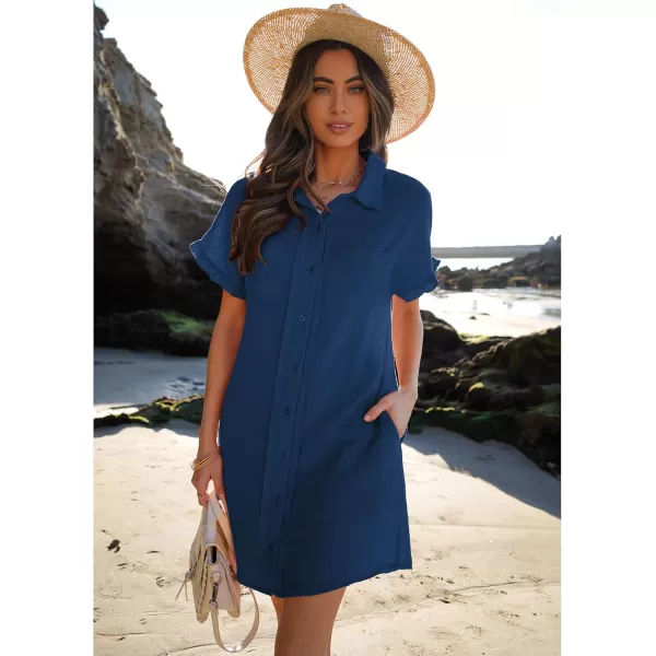 luvamia Womens Beach Cover Up Dress Cotton Button Down Shirt Dresses Casual Ruffle Sleeves Summer Dresses with PocketsNavy Blue