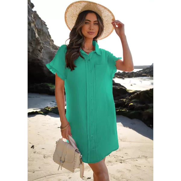 luvamia Womens Beach Cover Up Dress Cotton Button Down Shirt Dresses Casual Ruffle Sleeves Summer Dresses with PocketsSea Green