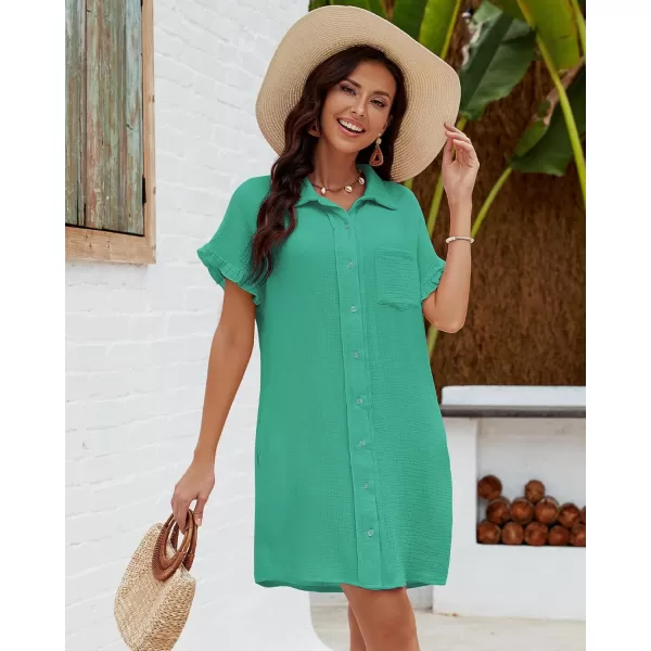 luvamia Womens Beach Cover Up Dress Cotton Button Down Shirt Dresses Casual Ruffle Sleeves Summer Dresses with PocketsSea Green