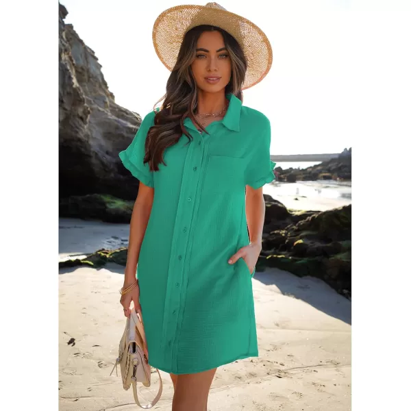 luvamia Womens Beach Cover Up Dress Cotton Button Down Shirt Dresses Casual Ruffle Sleeves Summer Dresses with PocketsSea Green