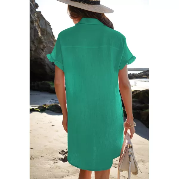 luvamia Womens Beach Cover Up Dress Cotton Button Down Shirt Dresses Casual Ruffle Sleeves Summer Dresses with PocketsSea Green