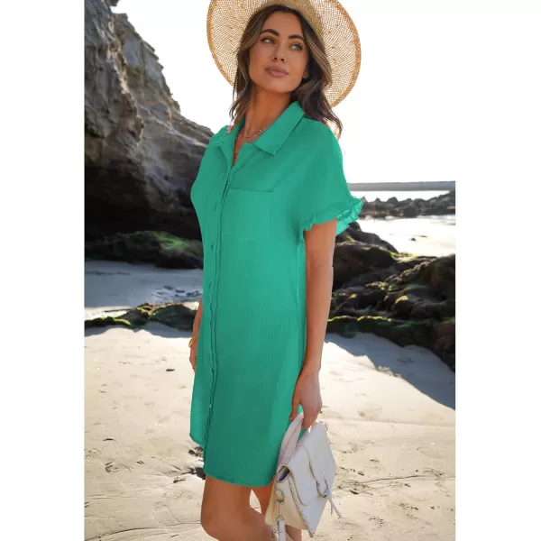 luvamia Womens Beach Cover Up Dress Cotton Button Down Shirt Dresses Casual Ruffle Sleeves Summer Dresses with PocketsSea Green