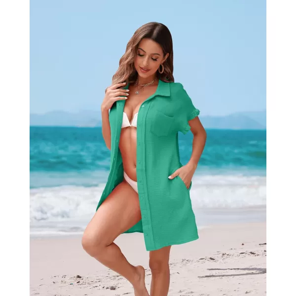 luvamia Womens Beach Cover Up Dress Cotton Button Down Shirt Dresses Casual Ruffle Sleeves Summer Dresses with PocketsSea Green