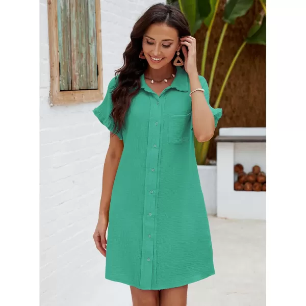 luvamia Womens Beach Cover Up Dress Cotton Button Down Shirt Dresses Casual Ruffle Sleeves Summer Dresses with PocketsSea Green