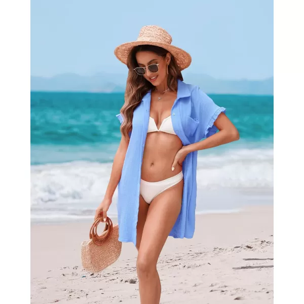 luvamia Womens Beach Cover Up Dress Cotton Button Down Shirt Dresses Casual Ruffle Sleeves Summer Dresses with PocketsSky Blue