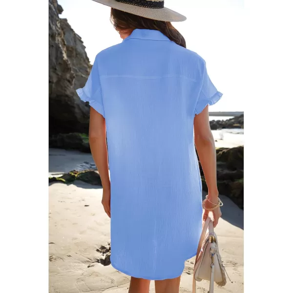 luvamia Womens Beach Cover Up Dress Cotton Button Down Shirt Dresses Casual Ruffle Sleeves Summer Dresses with PocketsSky Blue
