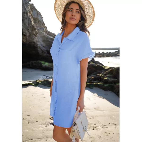 luvamia Womens Beach Cover Up Dress Cotton Button Down Shirt Dresses Casual Ruffle Sleeves Summer Dresses with PocketsSky Blue