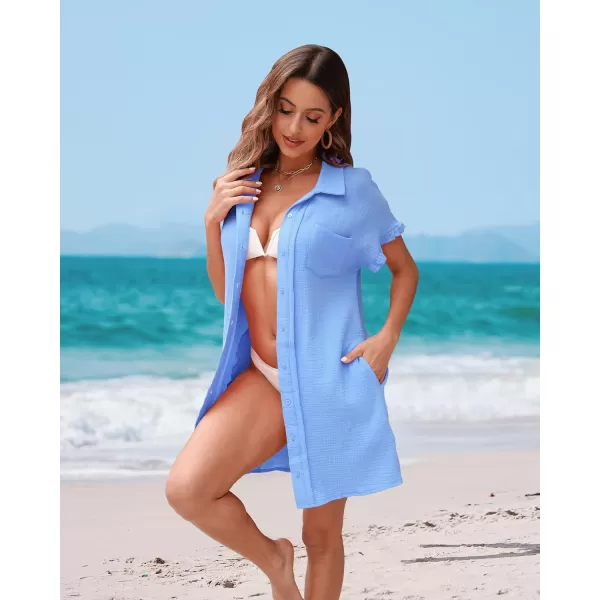 luvamia Womens Beach Cover Up Dress Cotton Button Down Shirt Dresses Casual Ruffle Sleeves Summer Dresses with PocketsSky Blue